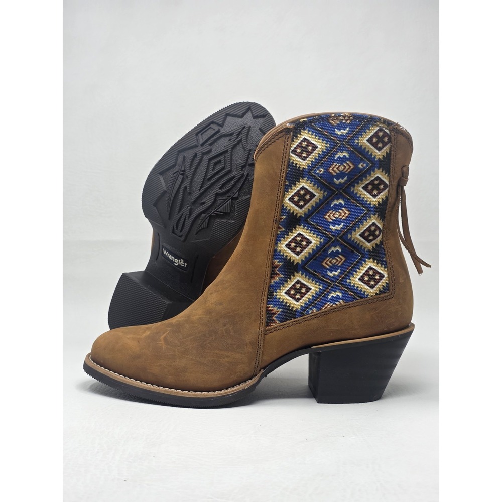 Wrangler Womens Brown Leather Tapestry Western Ankle Boots KWB0006 Size 6.5 B